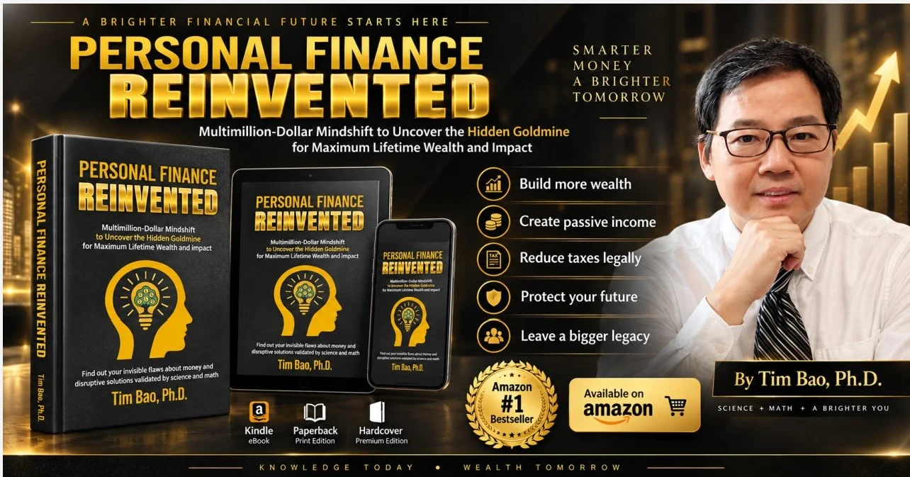 Personal Finance Reinvented by Tim Bao, Ph.D. — Amazon #1 bestseller, available in Kindle, paperback and hardcover. Build more wealth, create passive income, reduce taxes legally, protect your future, leave a bigger legacy.